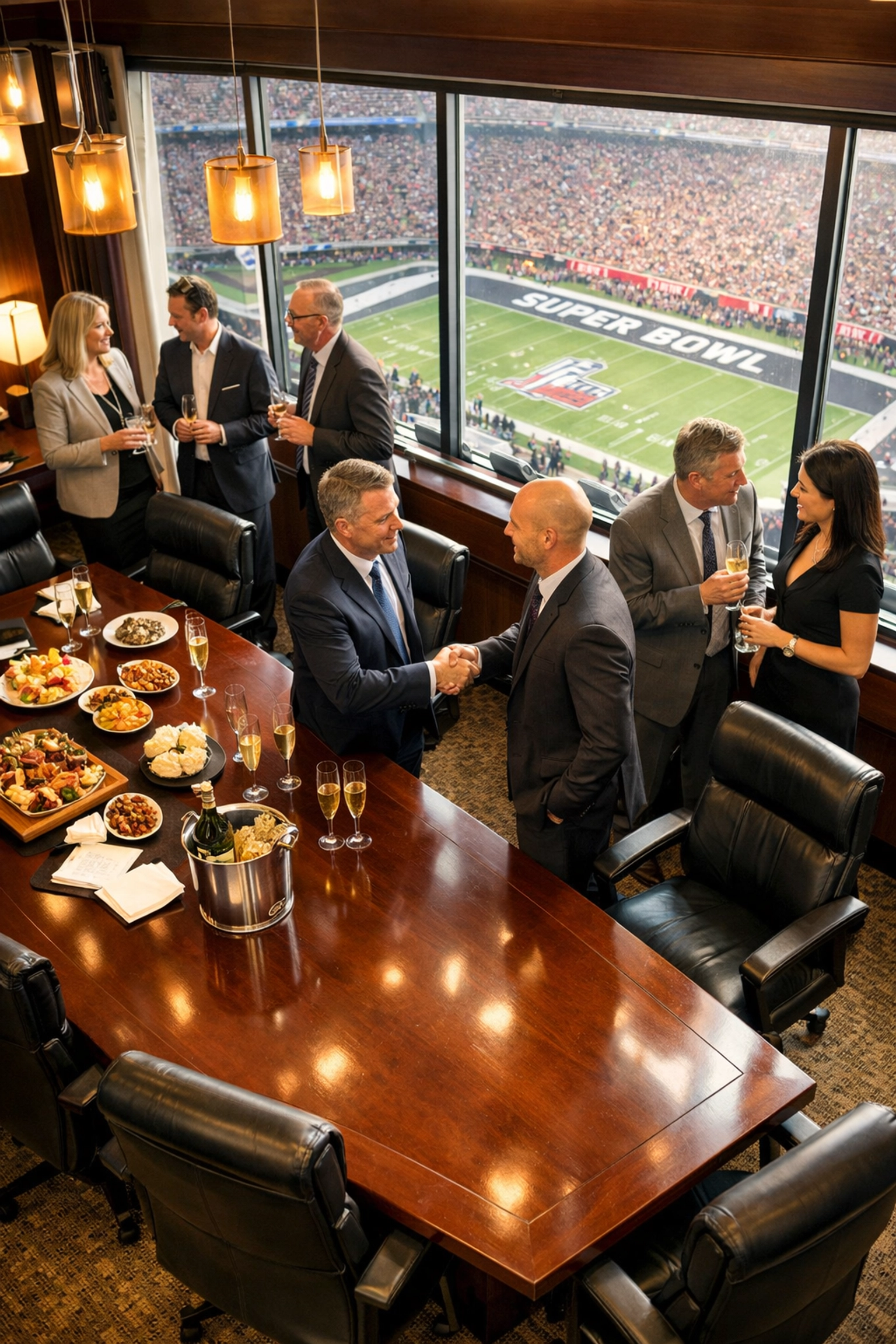 NEWSLETTER: Why Your Competitors Are Winning at Super Bowl Networking (And 5 Ways You Can Too) Executives networking in luxury Super Bowl hospitality suite with stadium views