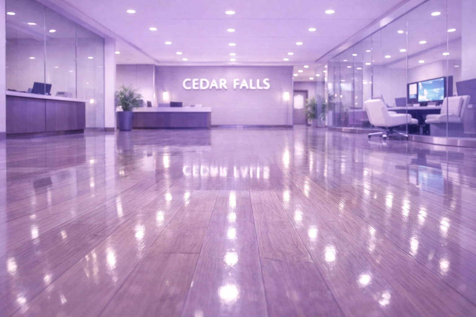 A pristine Cedar Falls office lobby with polished hardwood floors, showcasing expert commercial cleaning maintenance.