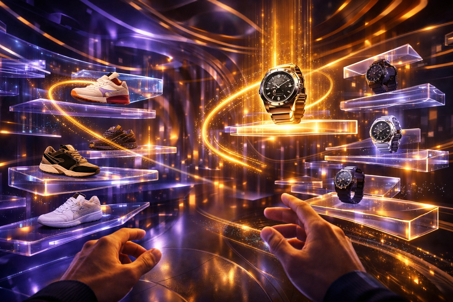 AI-powered metaverse storefront dynamically rearranging products for a personalized shopping experience.