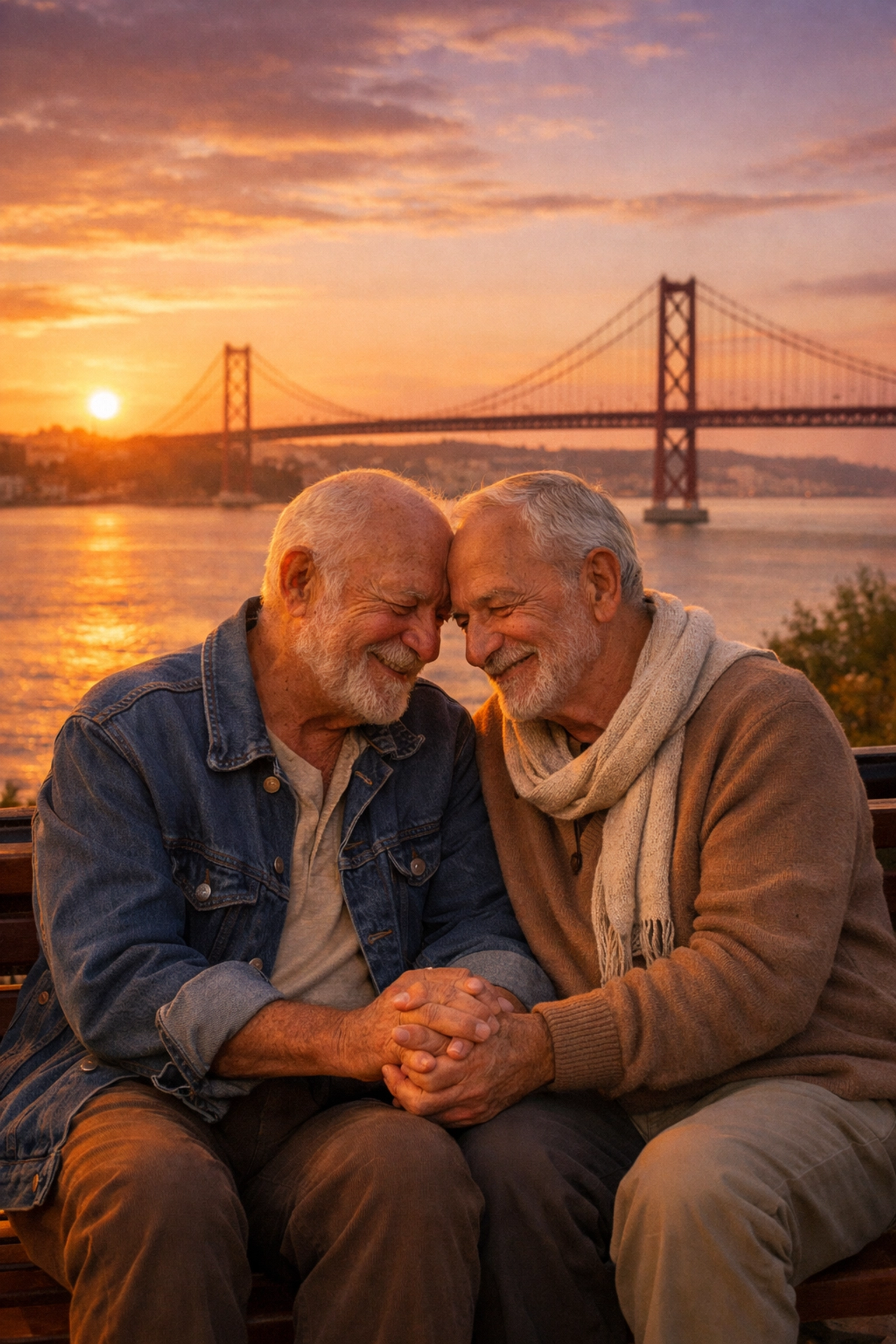 Elderly gay couple in Lisbon reflecting on Portugal's LGBTQ+ history since 1982