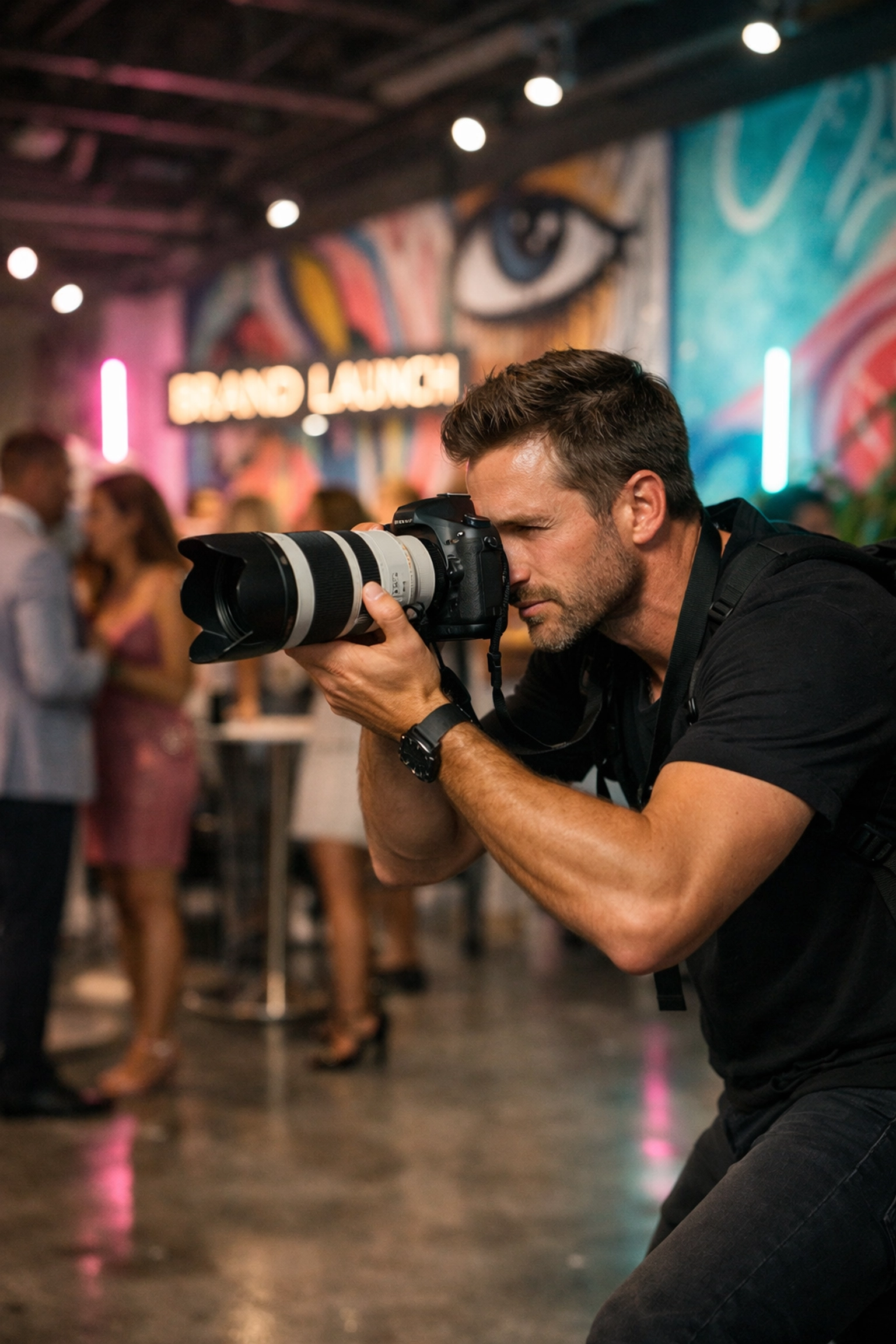 Professional Miami event photographer shooting a brand launch party amidst colorful murals in Wynwood.