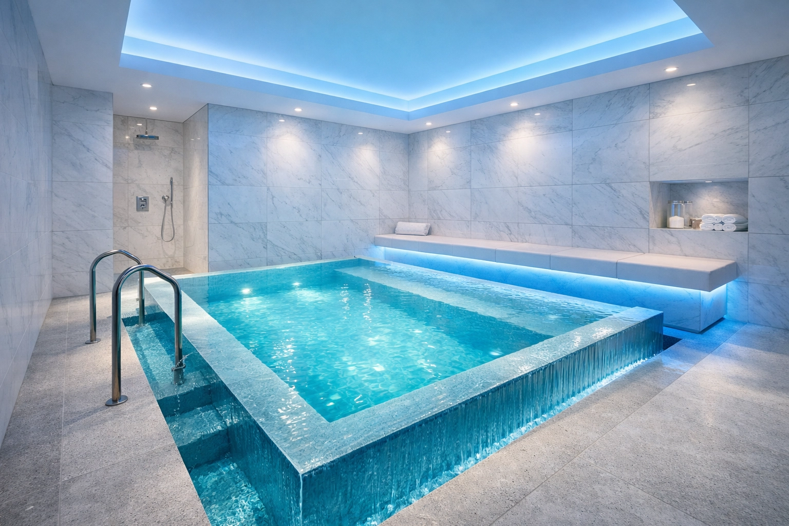 Spotless luxury spa hydrotherapy suite in Newton featuring clean marble tiles and an infinity pool.