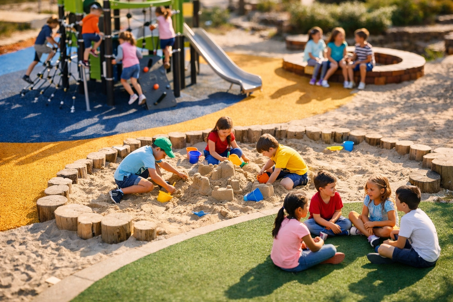 Elementary school playground showing multiple play zones with climbing structures and active children