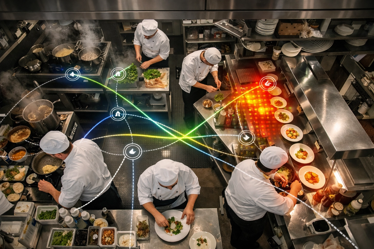 Restaurant kitchen with video analytics monitoring chef workflow and food safety compliance