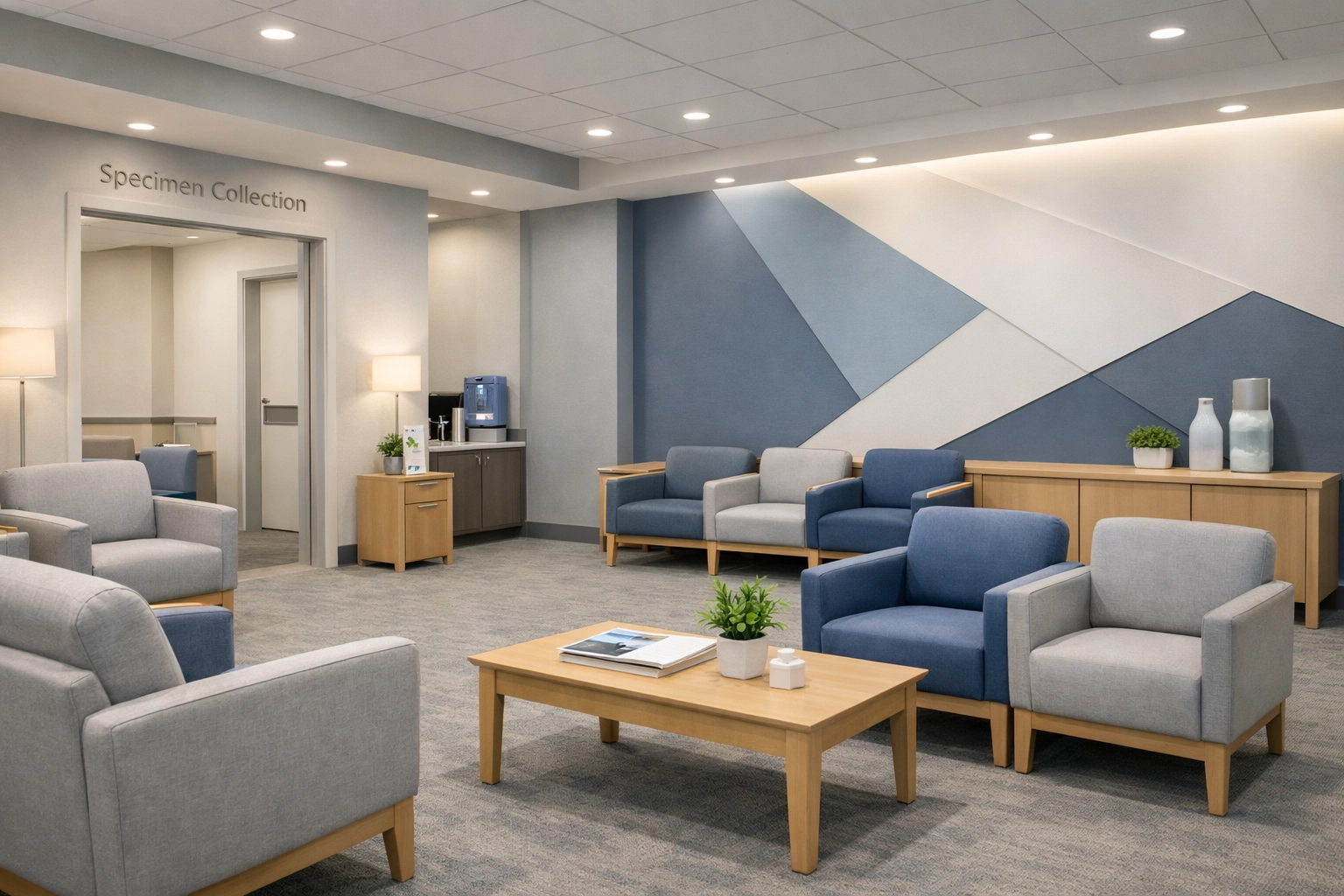 Professional DNA collection facility waiting area for court-admissible paternity testing