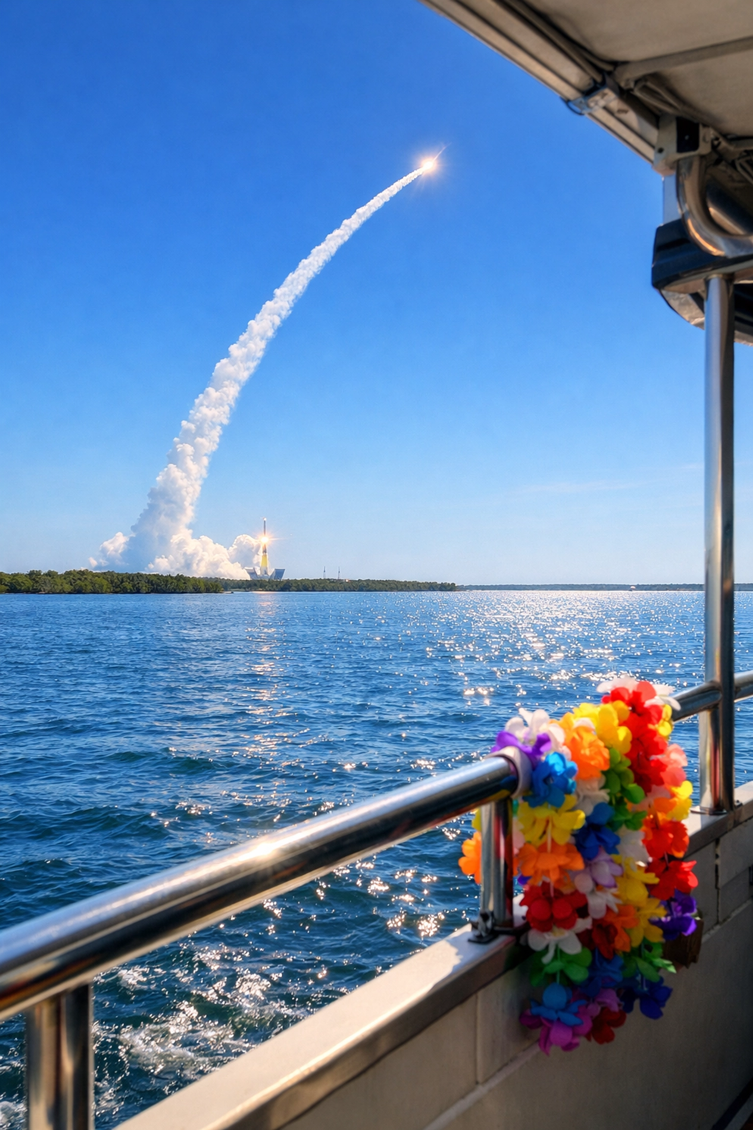 Rocket launch over the Indian River Lagoon seen from a Cocoa Beach boat tour deck.