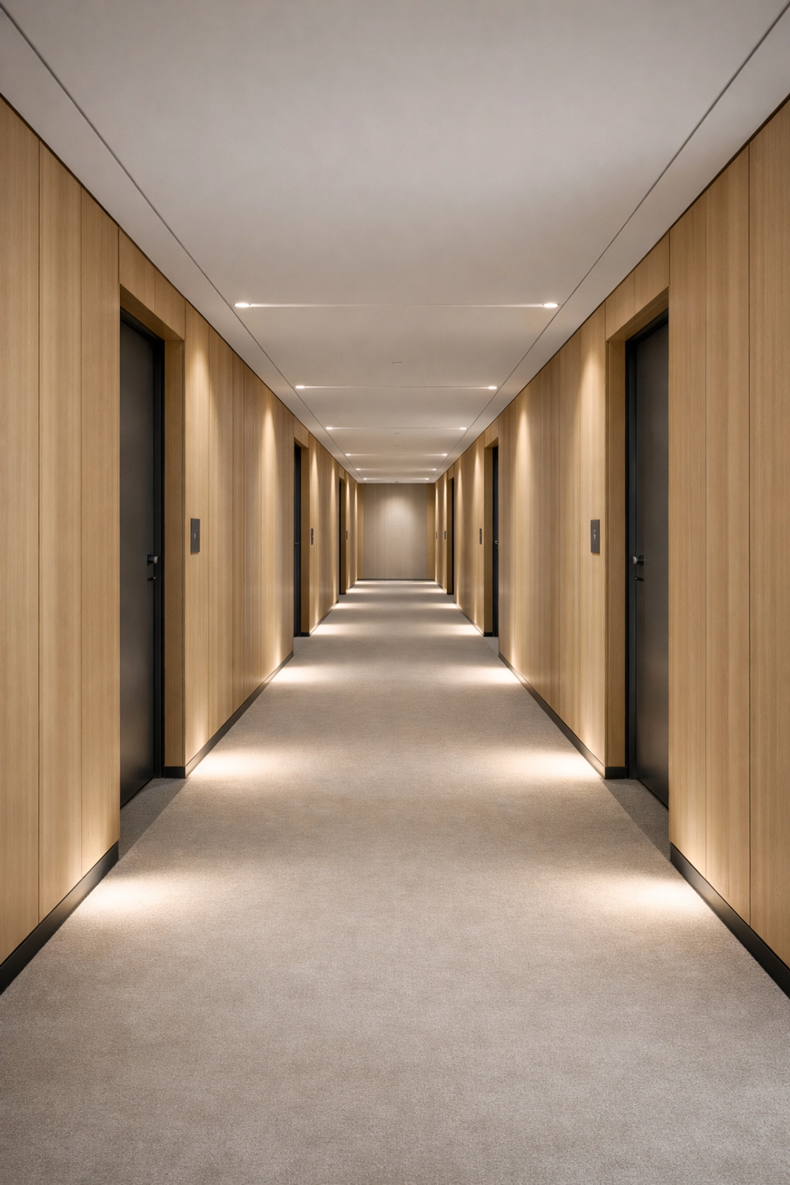 Sleek modern hotel corridor representing the seamless, invisible orchestration of continuous AI-led operations.