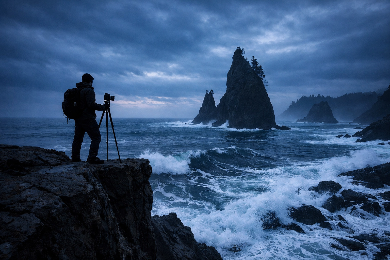 Freelance creator capturing the dramatic sea stacks at Rialto Beach, building a professional photography career.