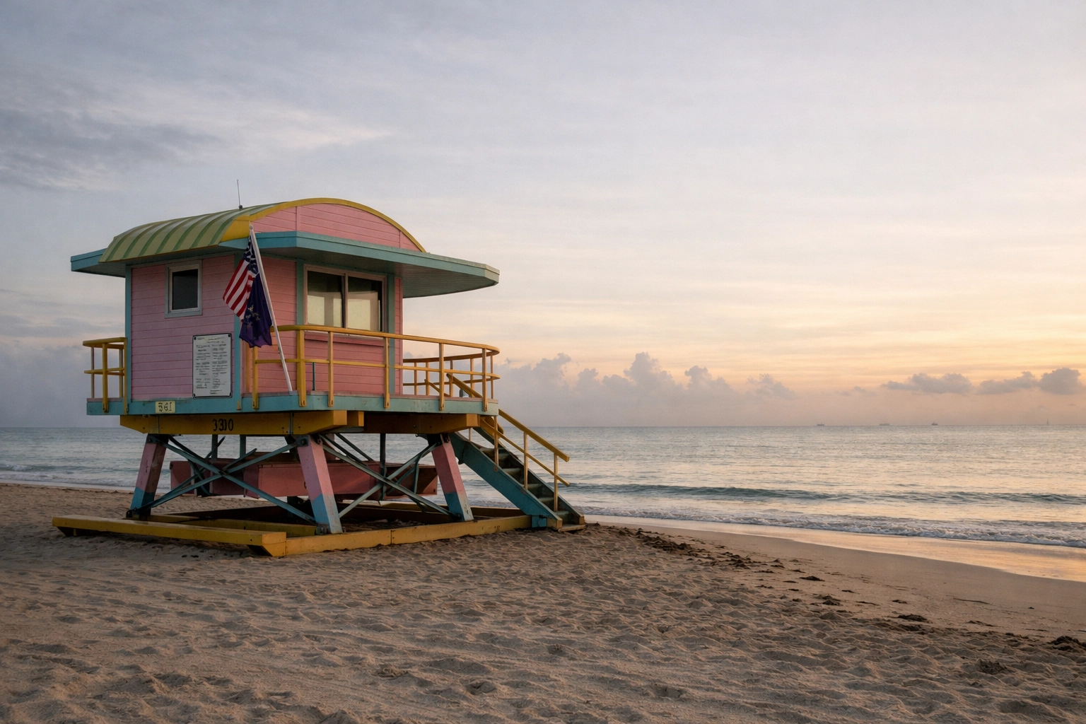 Pastel South Beach lifeguard stand at sunrise, one of the best places to take pictures in Miami.