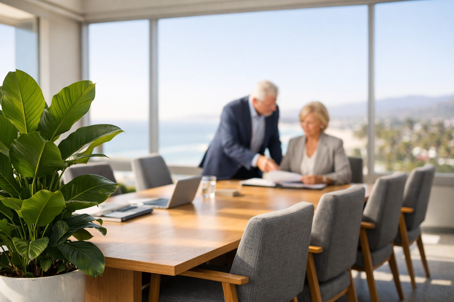 Senior IT consultants in a Ventura office planning CMMC 2.0 strategy for local small businesses.