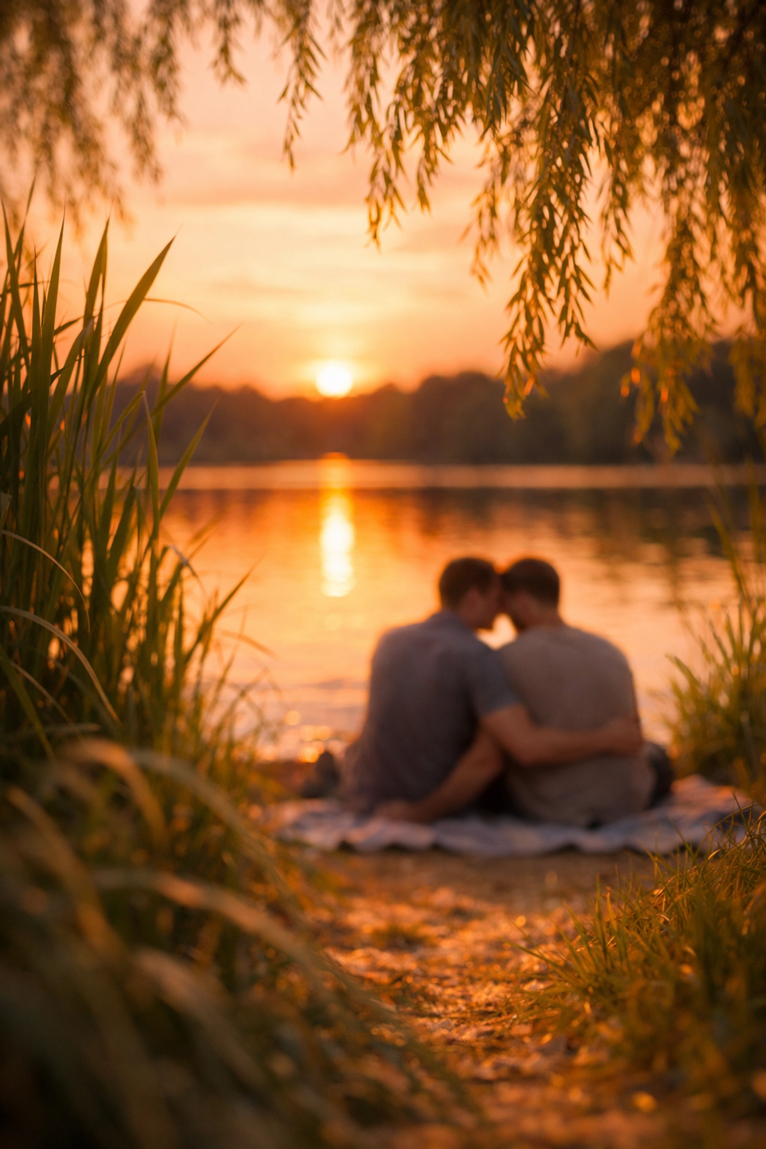 Gay couple relaxing at secluded Nieuwe Meer lakeside in Amsterdam