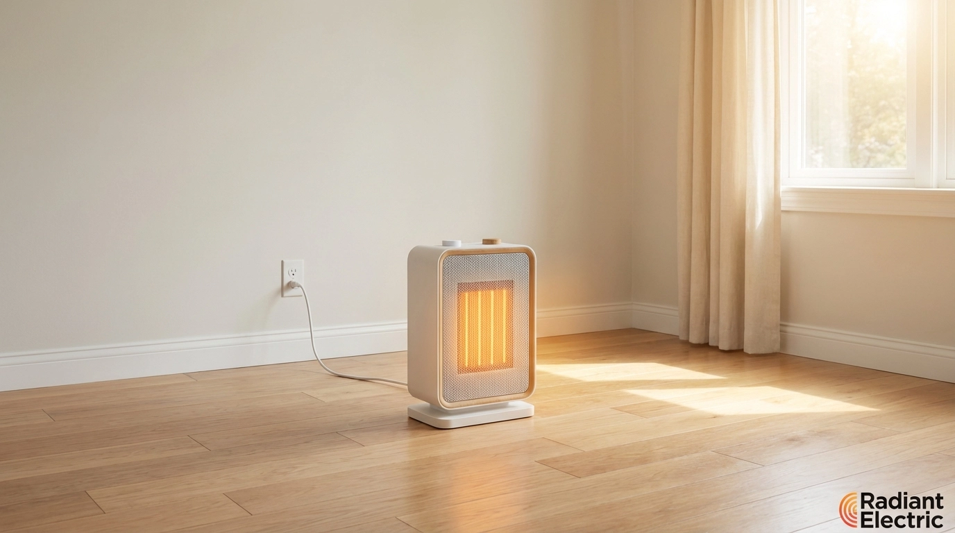 Modern space heater placed safely in a brightly lit Atlanta living room, illustrating cold weather safety