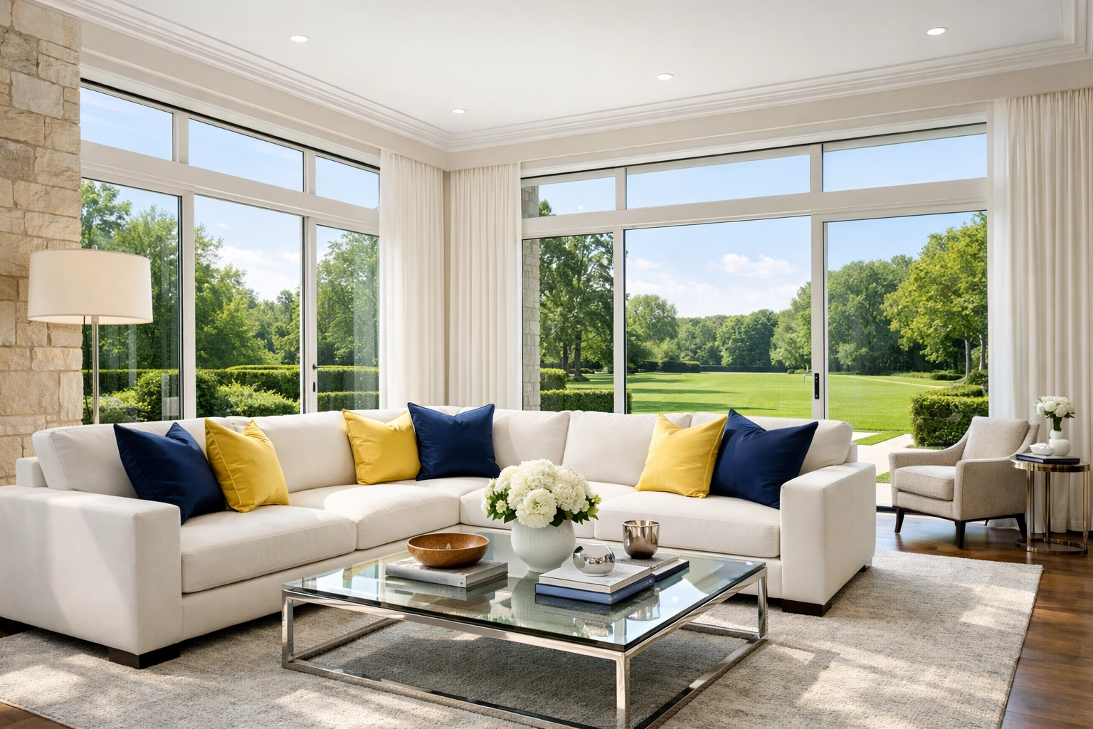 Spotless luxury living room in a Franklin estate after professional weekly house cleaning.