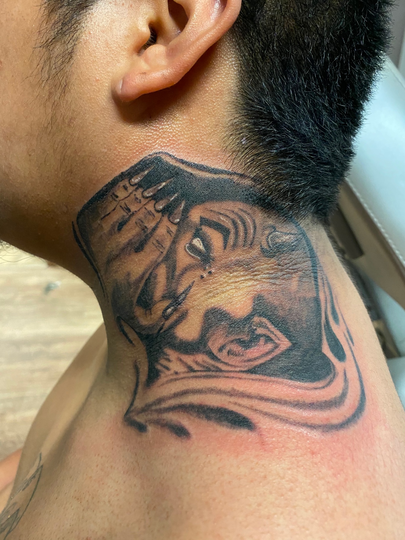Realistic Black and Grey Masked Face Neck Tattoo