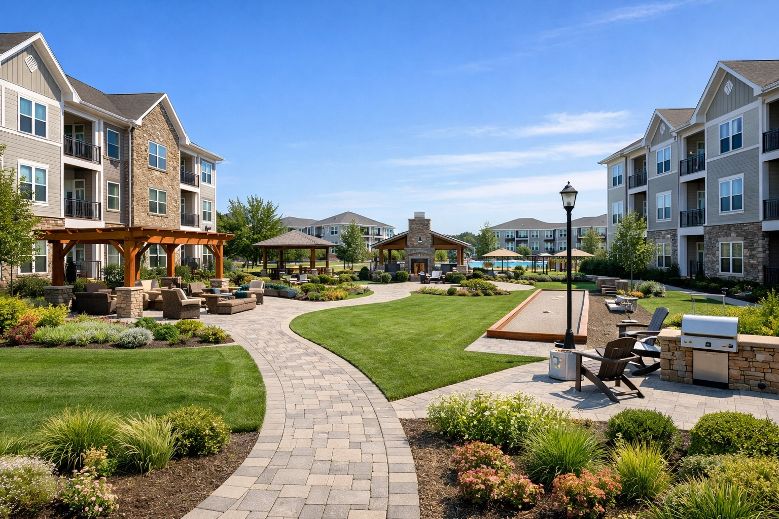 Clean Indianapolis multifamily complex exterior showcasing professional property maintenance and lawn care.
