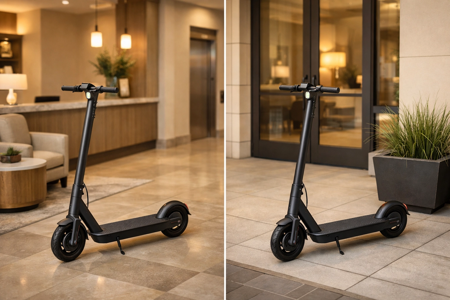 A modern electric scooter parked in a professional business setting to illustrate the difference between recording an item as a fixed asset or an expense in QuickBooks Online.