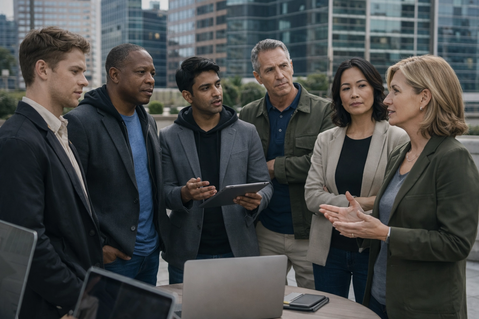Executives discussing AI leadership and flexible HR consulting services in an urban park setting.