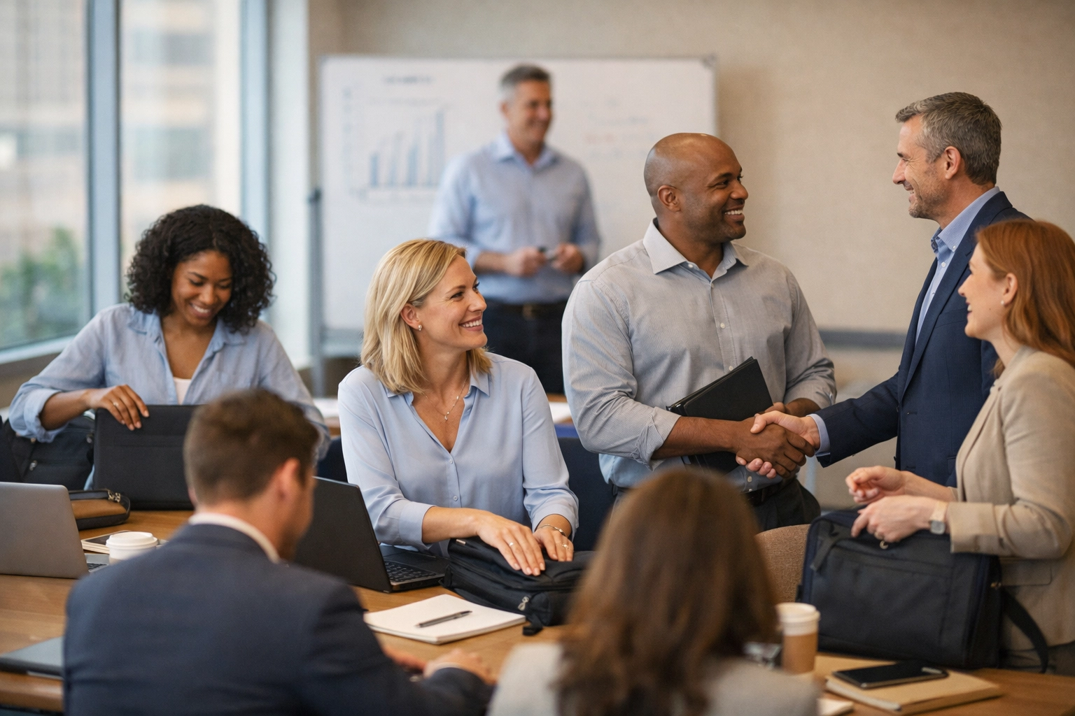 Sales team training session with professionals learning in modern office