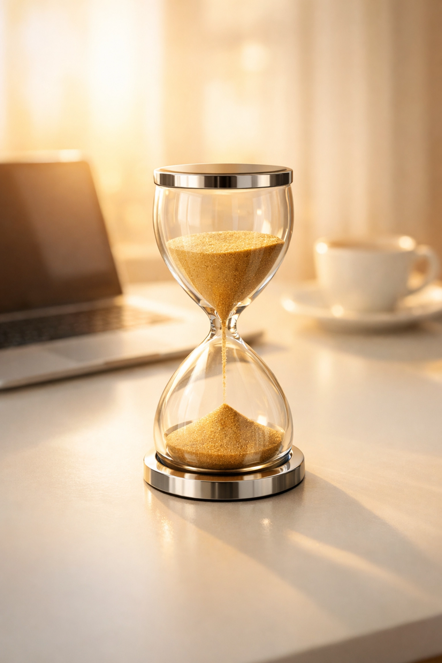 Hourglass showing five minutes of reading time for efficient morning news consumption