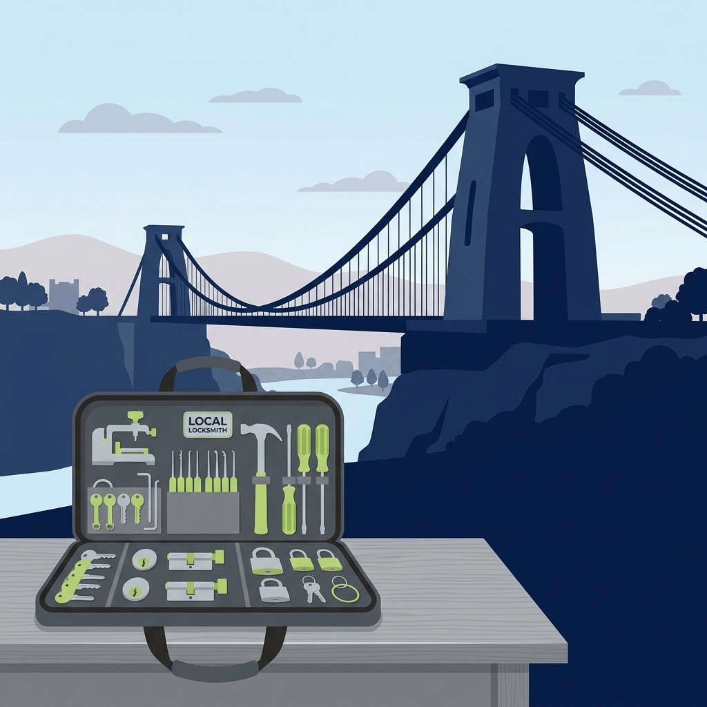Professional locksmith tools with the Bristol Clifton Suspension Bridge silhouette in the background.