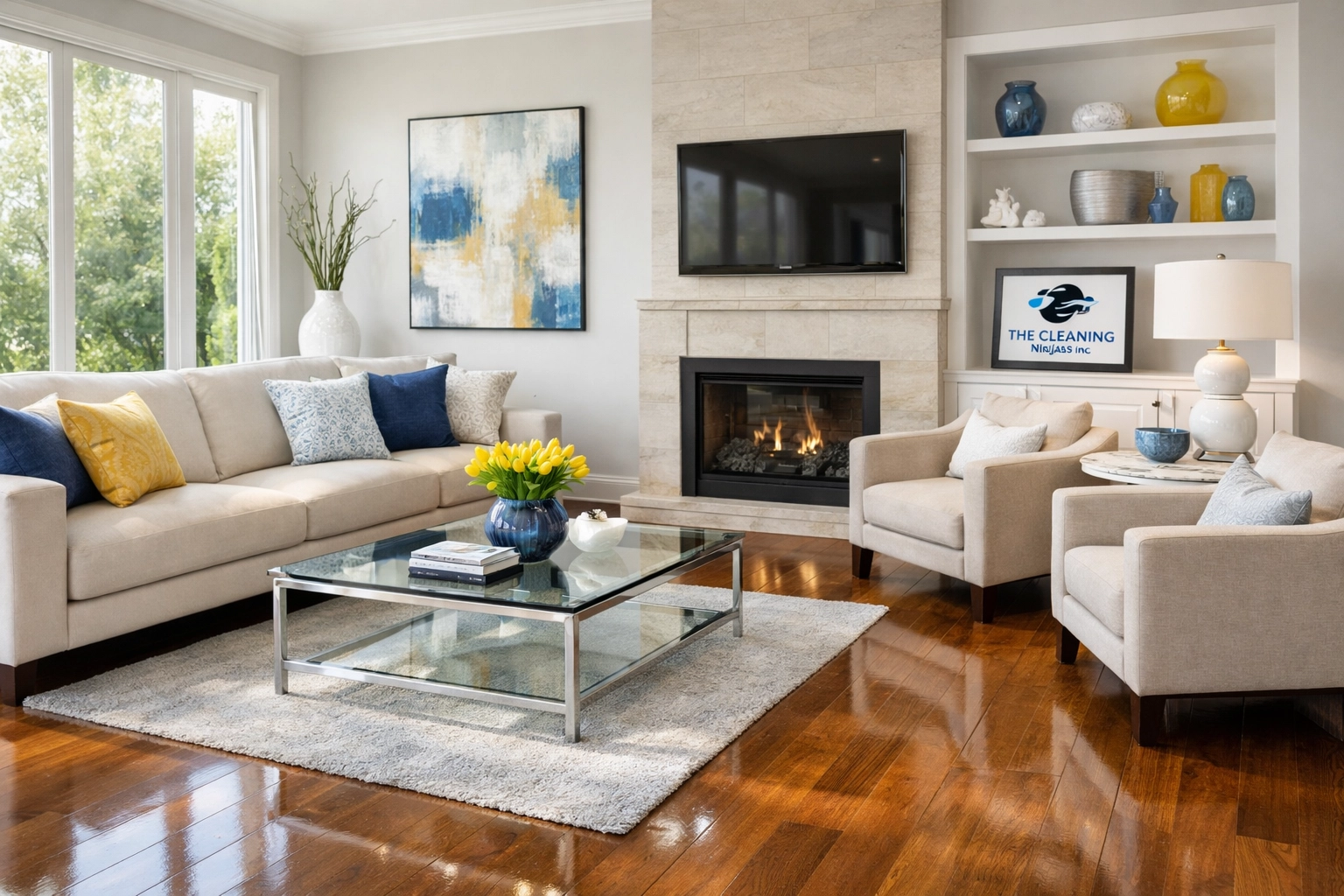 Sparkling clean living room with polished floors from The Cleaning Ninjas professional house cleaning.