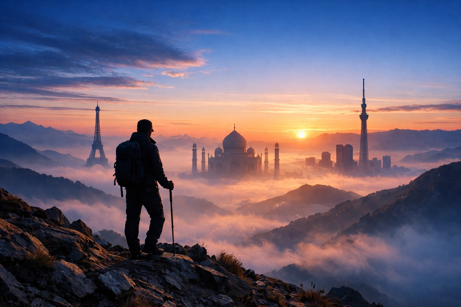 Global diversification illustrated by a traveler looking at famous international landmarks.