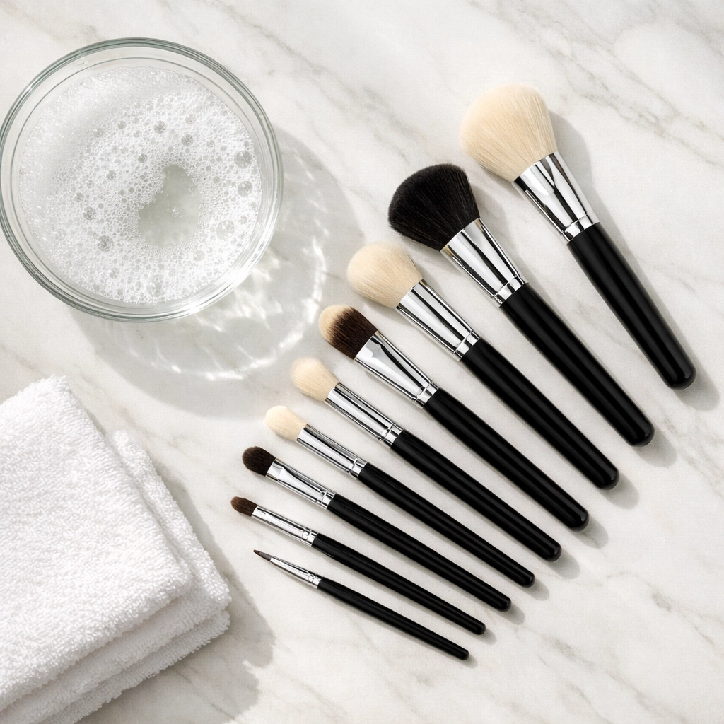 Clean makeup brushes drying on marble surface after a weekend beauty routine reset