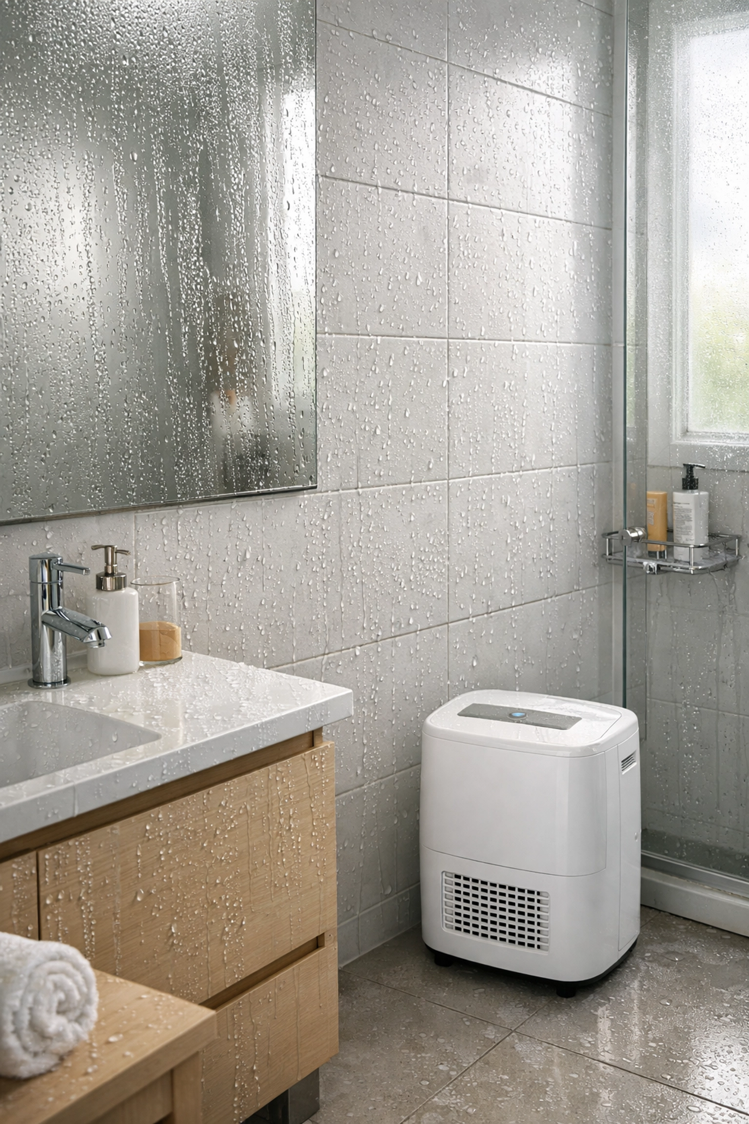 Portable dehumidifier running in a bright, modern bathroom (no text), emphasizing moisture control