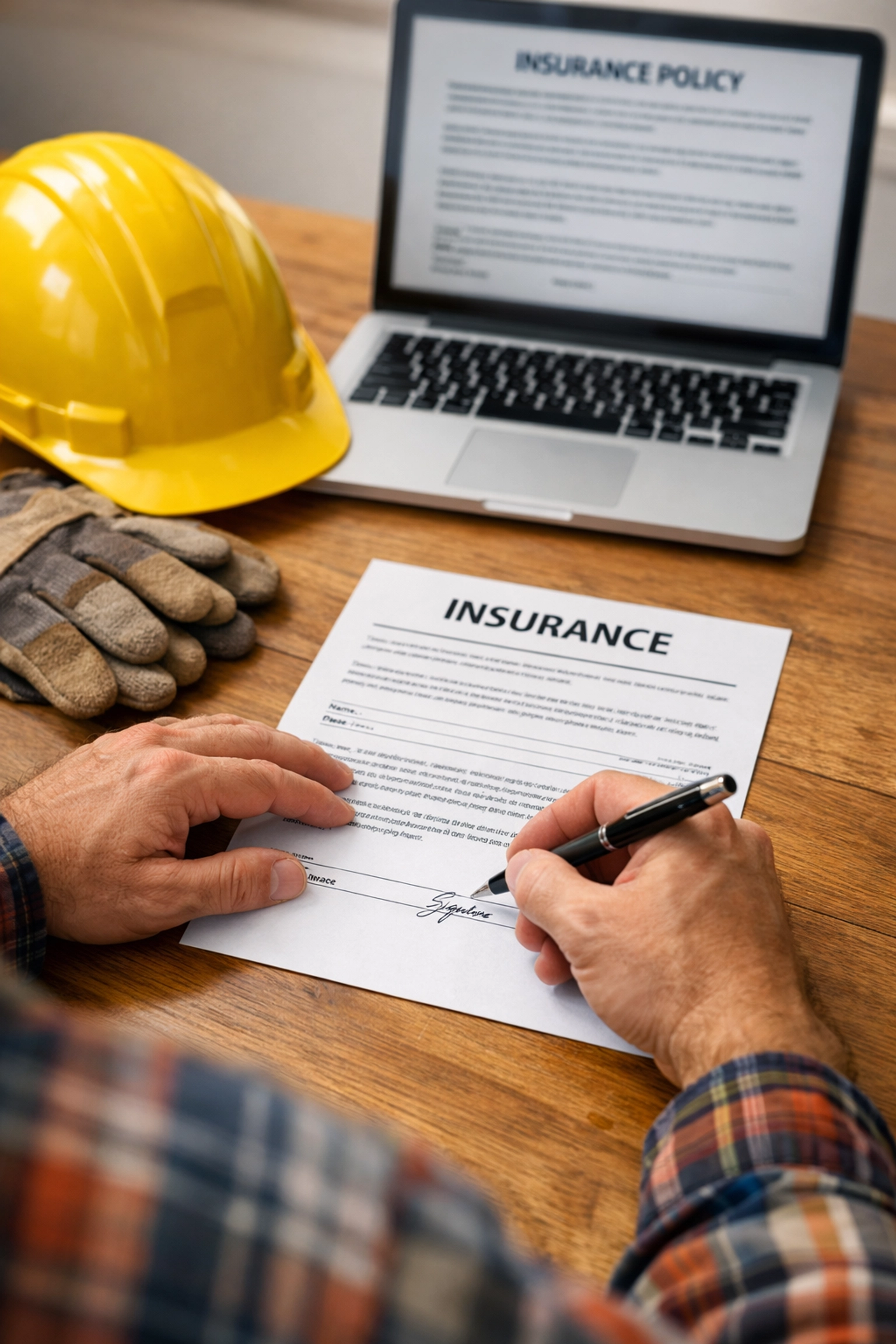 Contractor reviewing insurance paperwork at desk