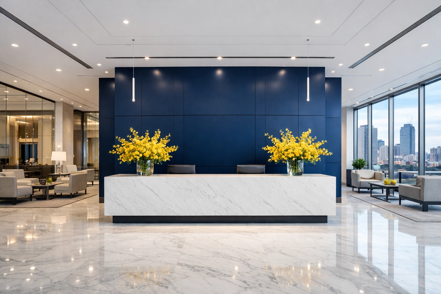 A pristine and modern Boston corporate lobby with white marble floors and professional reception area.