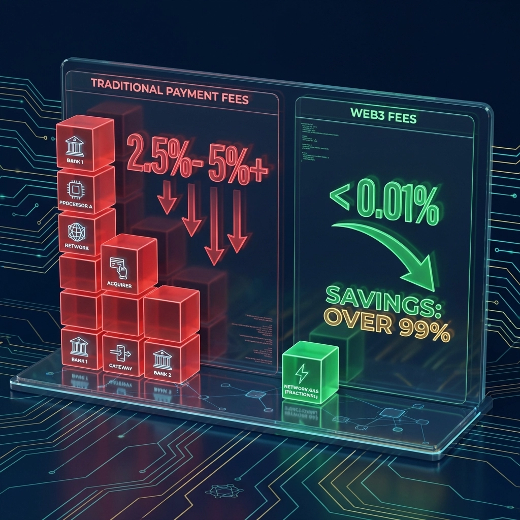 Comparison of traditional payment processor fees versus lower Web3 merchant fees, highlighting cost savings with Larecoin global payments.