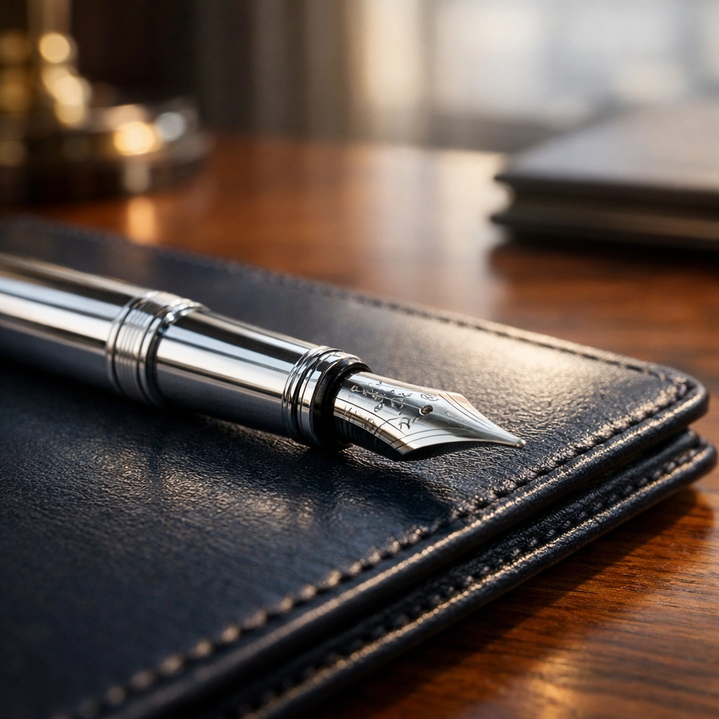 Silver pen on a leather portfolio symbolizing secure property management contracts and long-term valuation.