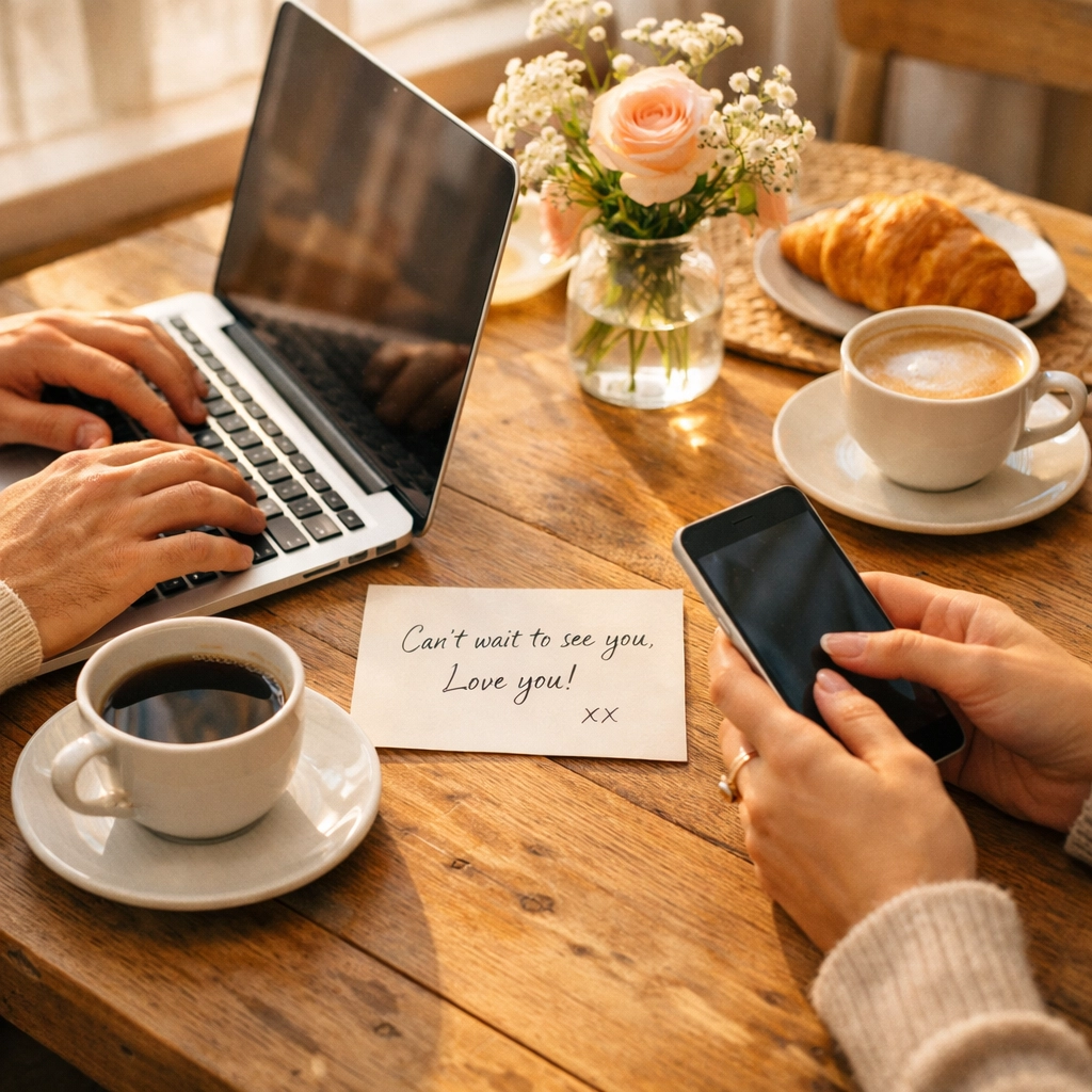 Couple collaborating on wedding planning with laptop and phone during morning routine