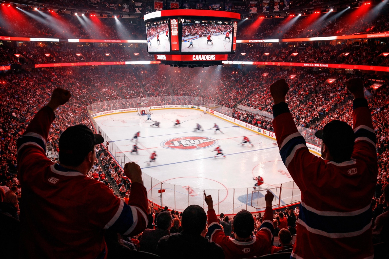 Enthusiastic Montreal Canadiens fans in red jerseys cheering at a hockey game inside the Bell Centre.
