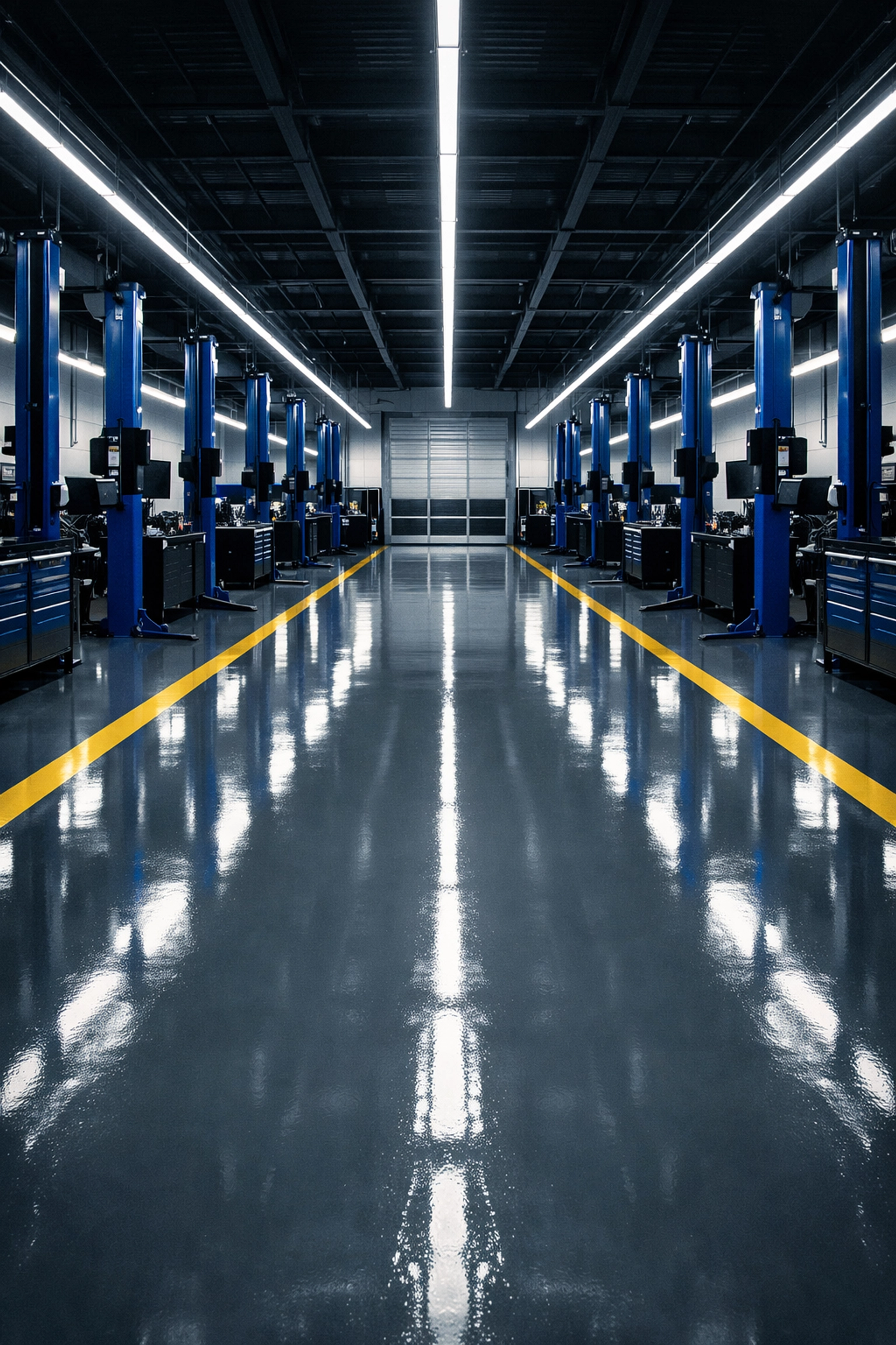 Spotless automotive repair shop with high-gloss epoxy floors reflecting professional cleaning standards.