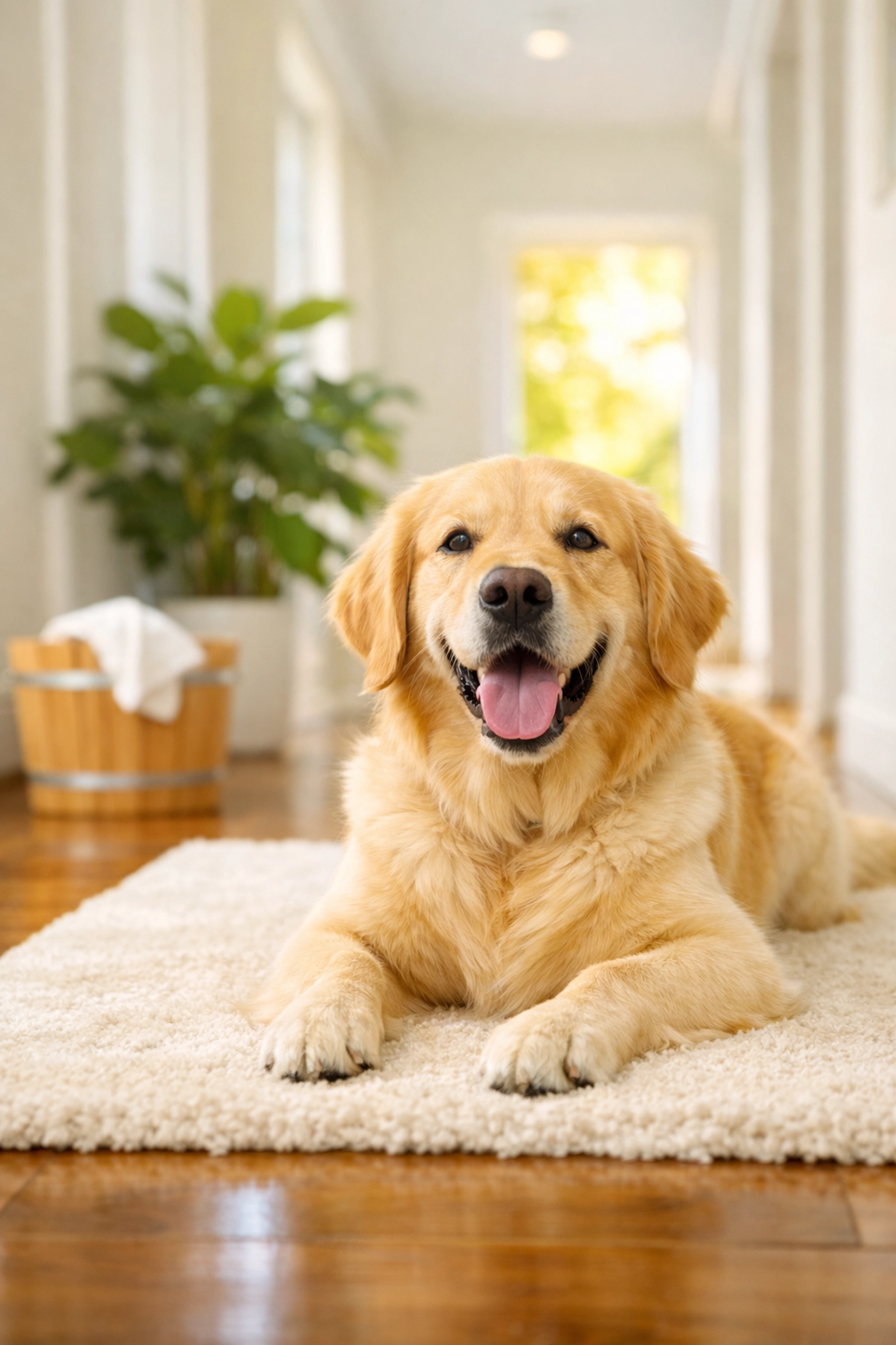 Healthy home environment with a pet on a rug cleaned using eco-friendly house cleaning in Leominster MA.