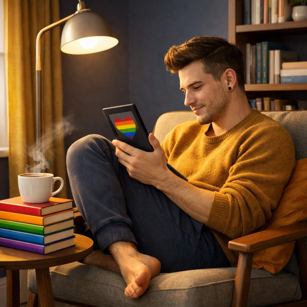 A gay man reading a queer novel on an e-reader in a peaceful home library, celebrating LGBTQ+ literature.