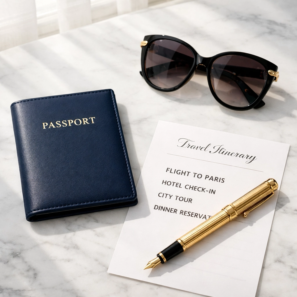 Luxury travel essentials including a leather passport cover, sunglasses, and itinerary on a marble surface.