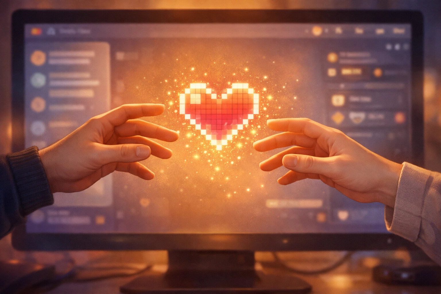 Hands reaching across glowing screen with digital heart symbolizing gay online romance