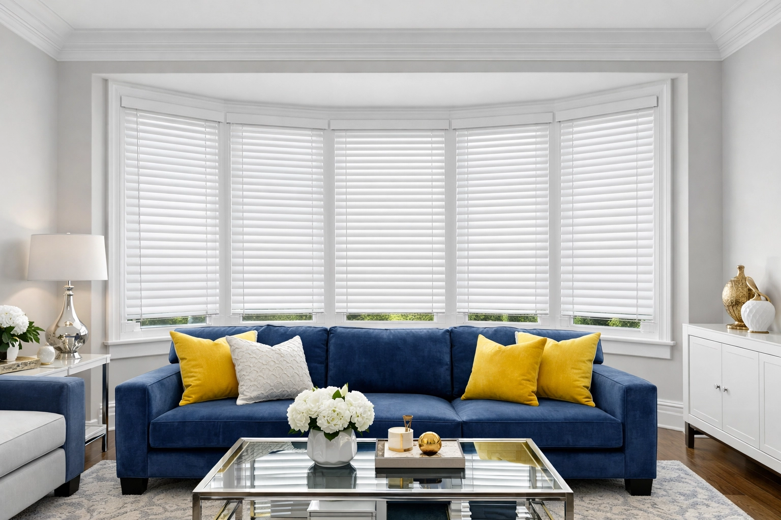 Spotless white window blinds in a professionally cleaned luxury living room by The Cleaning Ninjas.