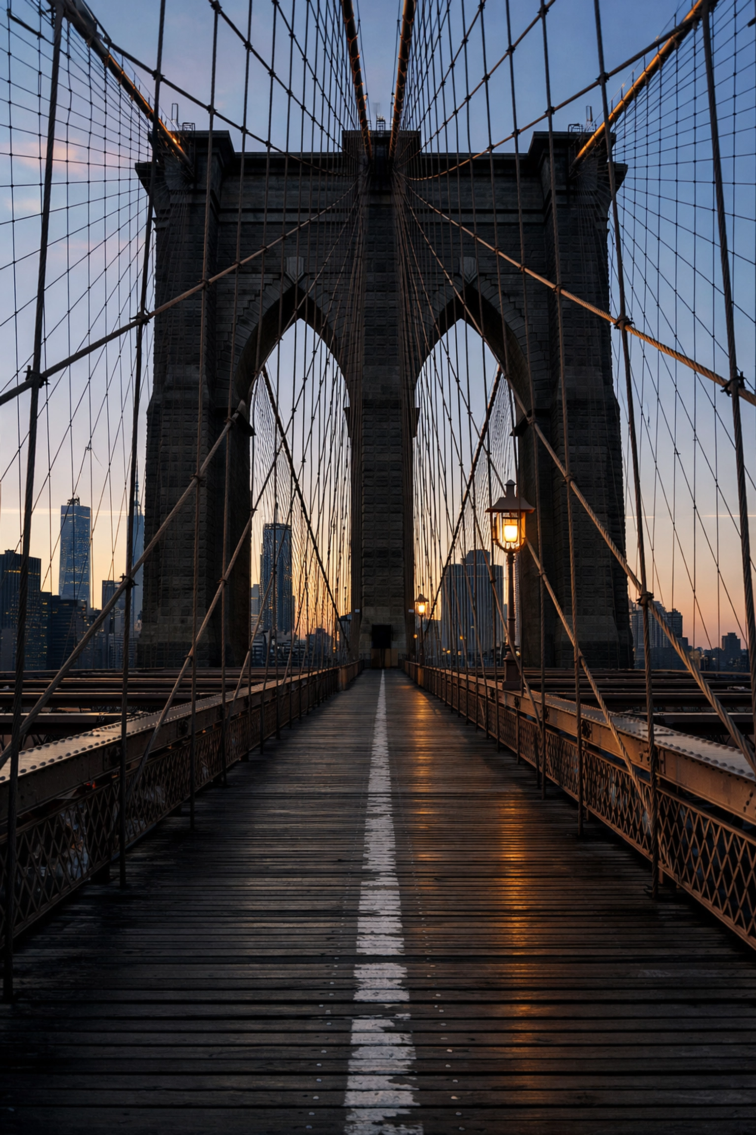 Brooklyn Bridge walkway at dawn with glowing cables and iconic arches for fine art photography.
