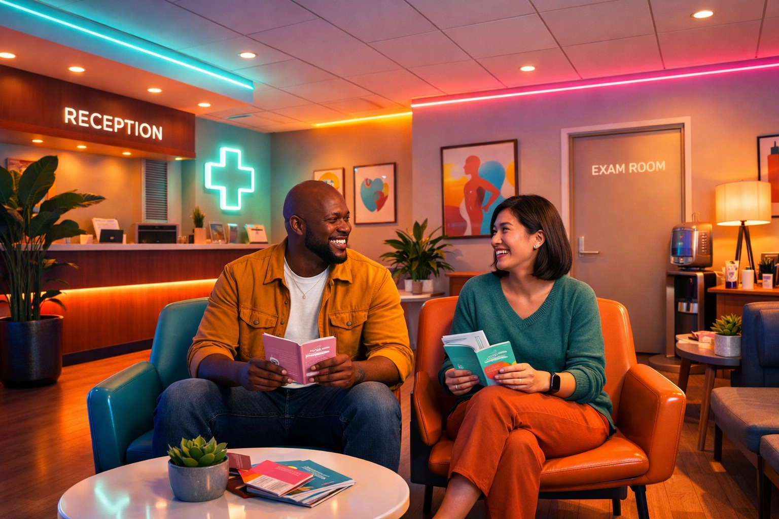 Couple at STI testing clinic waiting room getting tested together
