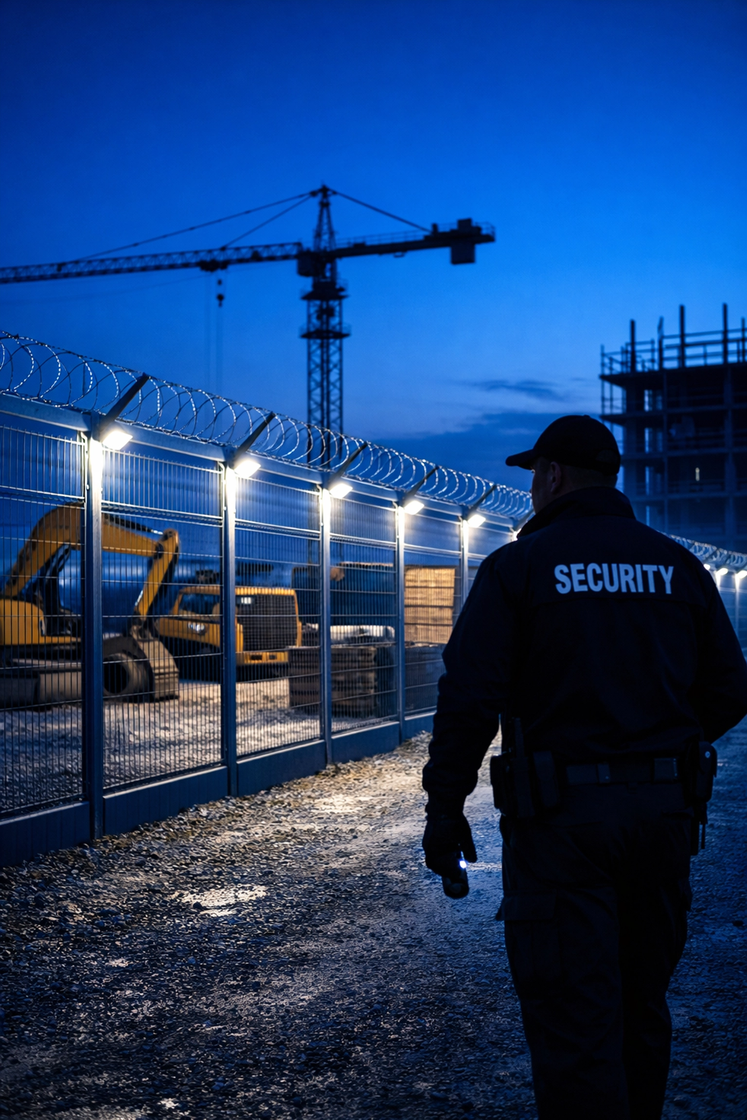 Professional security guard patrolling illuminated construction site perimeter at dusk with equipment protection