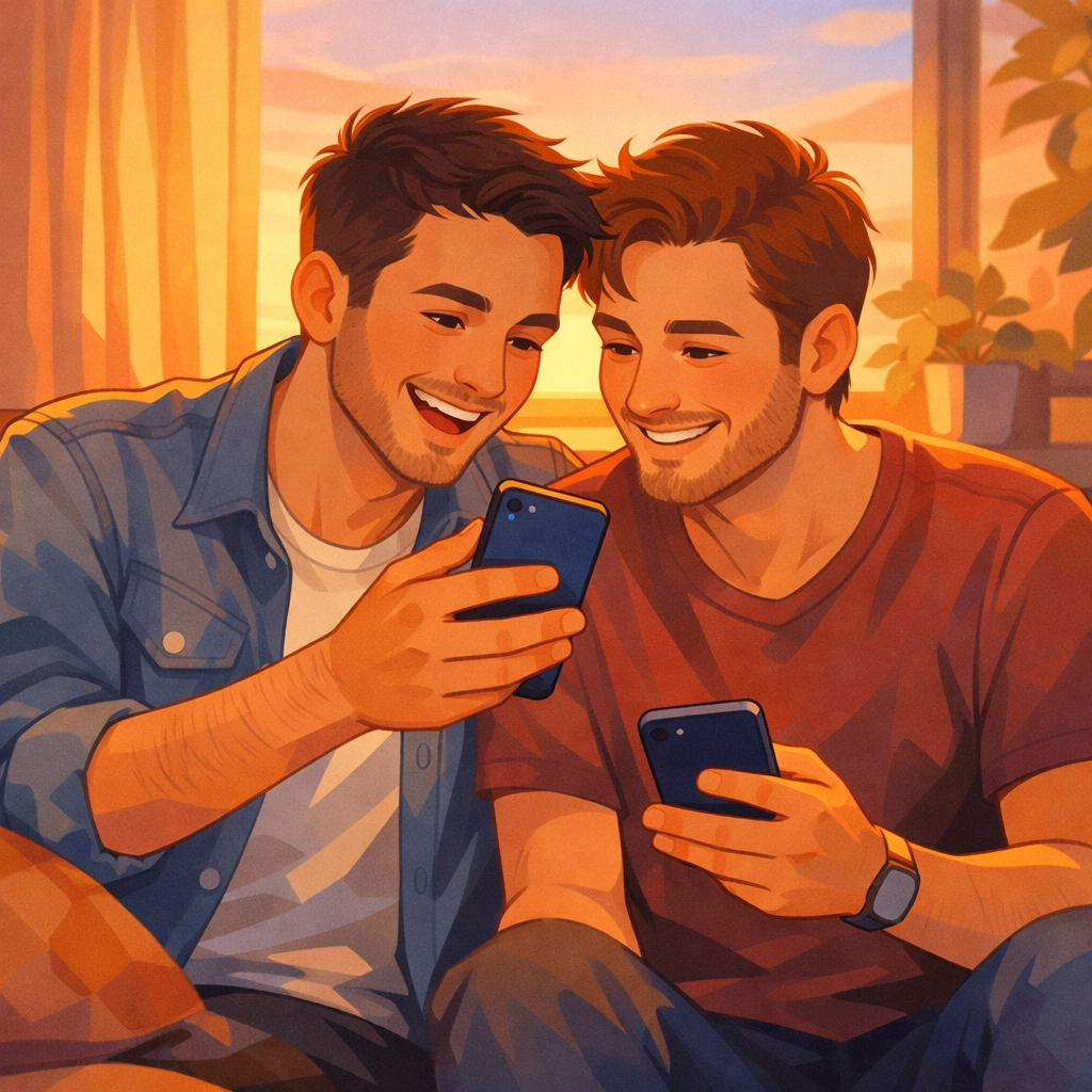 Two men sharing a dating app match on their phones, illustrating modern MM romance meet-cutes