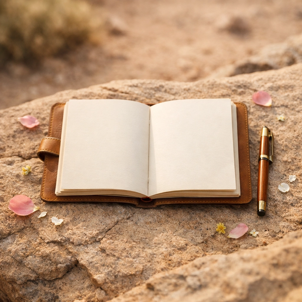 Open journal with pen resting on desert stone surrounded by wildflower petals
