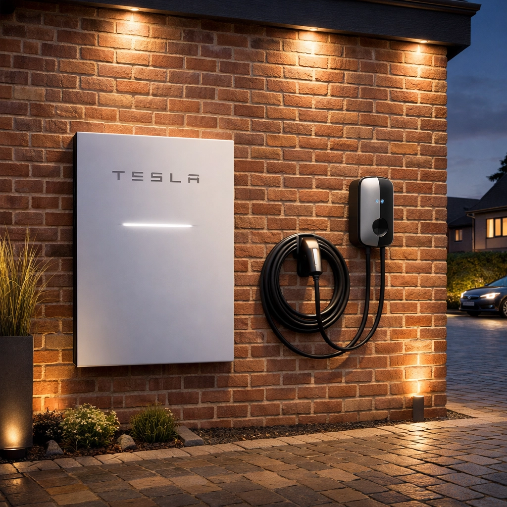 Tesla Powerwall 3 battery and EV charger integrated on the exterior of a modern UK red-brick house.