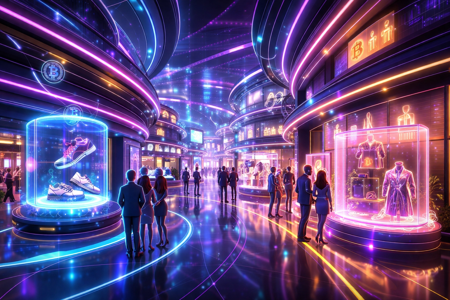 A virtual shopping mall in the metaverse with digital displays, avatar shoppers, and immersive retail experiences.