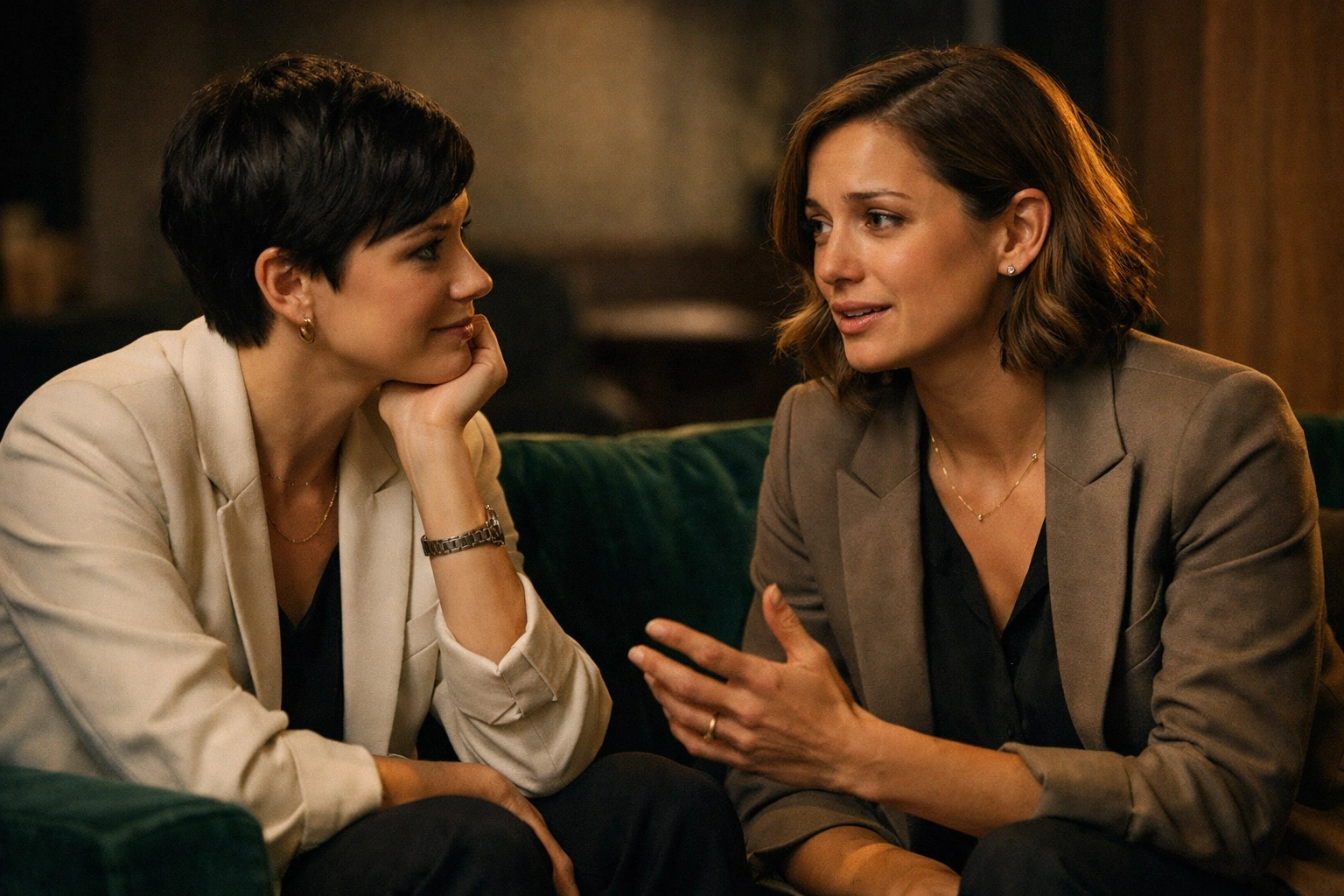 Two queer women in business sharing an authentic moment of vulnerability to support career growth and leadership.