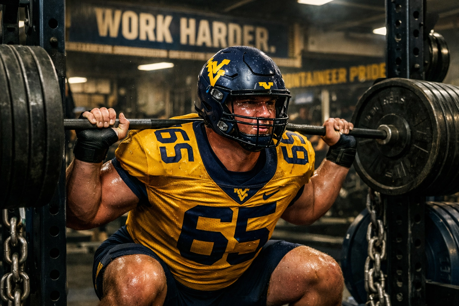 Young offensive lineman performing strength training in weight room for football development
