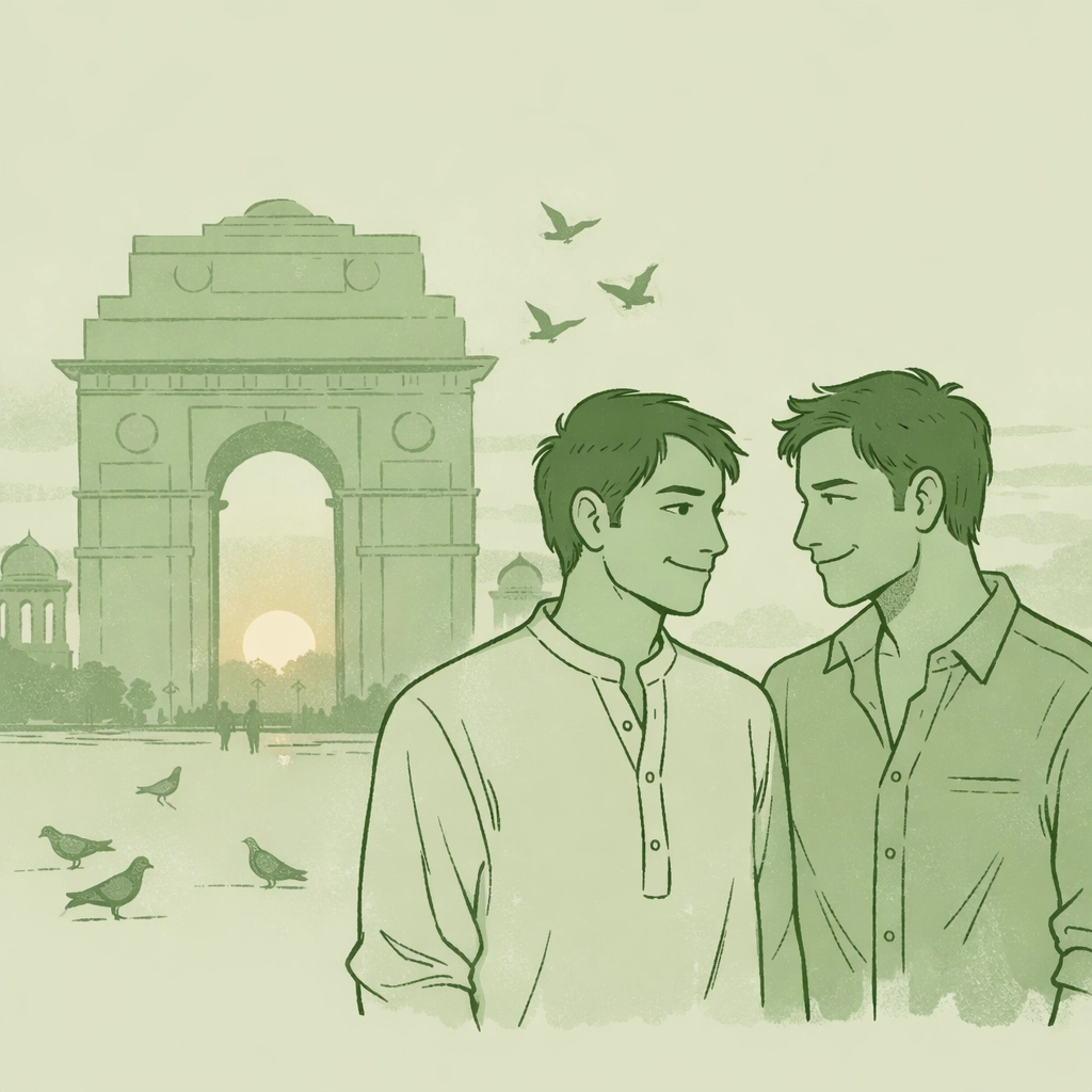 Two Indian gay men standing together at India Gate Delhi after Section 377 decriminalization